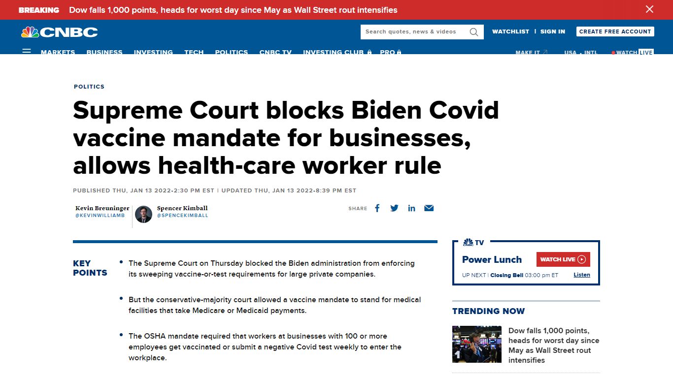 Supreme Court blocks Biden Covid vaccine mandate for businesses ... - CNBC